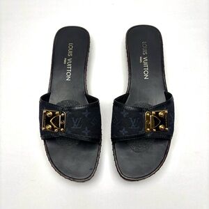 Louis Vuitton Monogram Canvas Lock Slide Sandals Mules Black Gold EU 37 / US 7